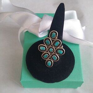 Zuni Turquoise Snake Eyes Silver Cluster Ring, Size 5